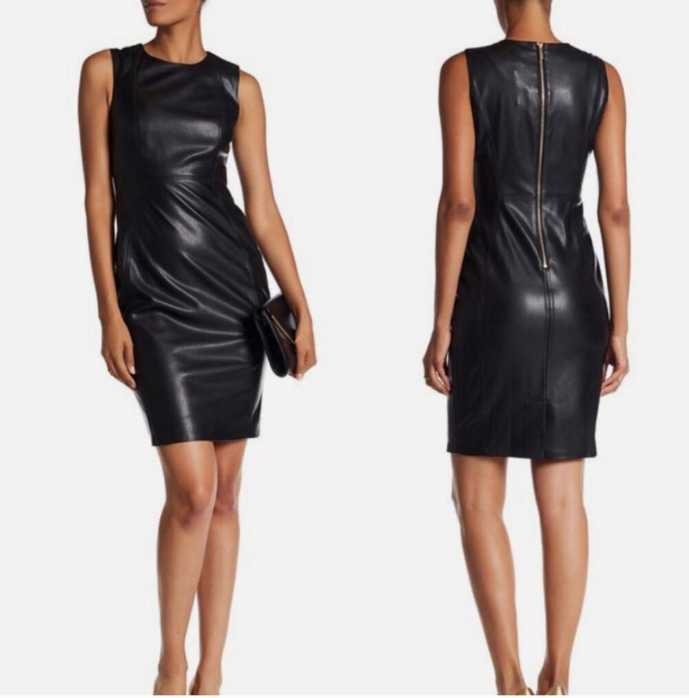 CALVIN KLEIN Black Faux Leather Sleeveless Sheath Dress High Neck 4